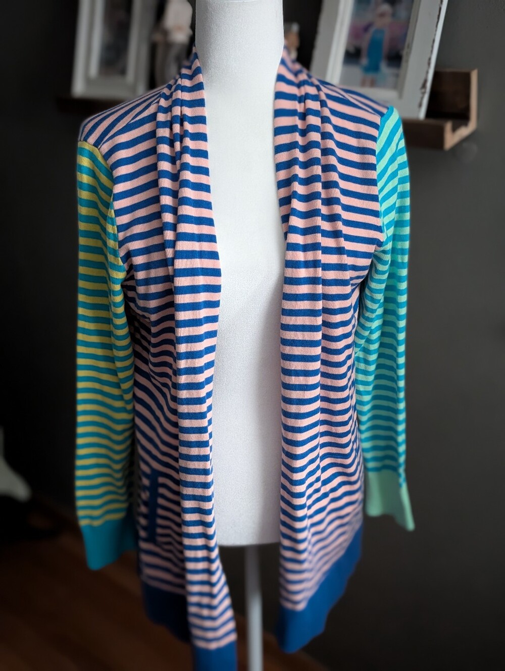Lands End 100% Cotton Draped Open Front Cardigan Sweater Medium Striped Preppy